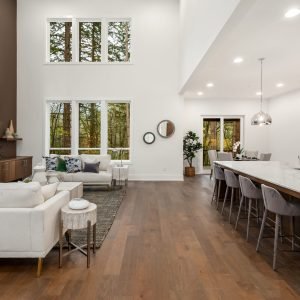 kitchen and living room in newly constructed luxury home